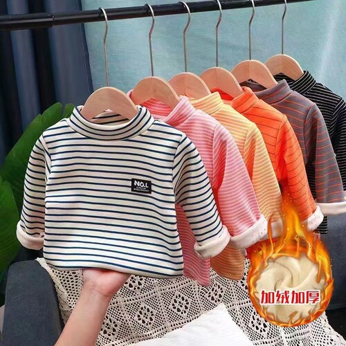 Children's fleece-lined thickened half-collar mid-size children's autumn and winter warm top long-sleeved unisex baby underwear base shirt