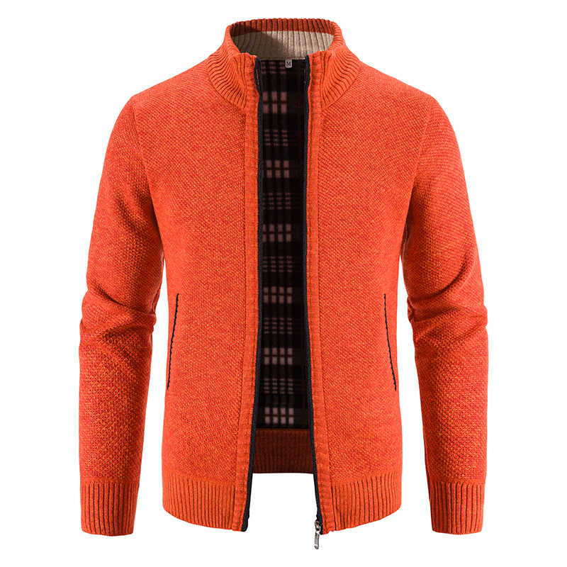 Hombres forrados de lana engrosada cuello de pie cardigan suéter comercio exterior juventud color sólido simple delgado suéter cálido abrigo de moda