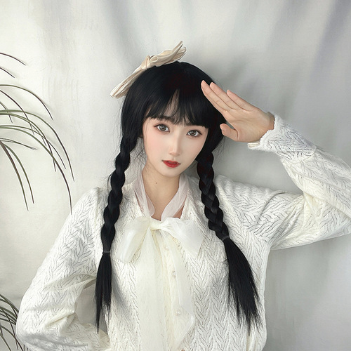 American drama Wednesday anime cos wig The Addams Family whole head double braid braids stage performance props