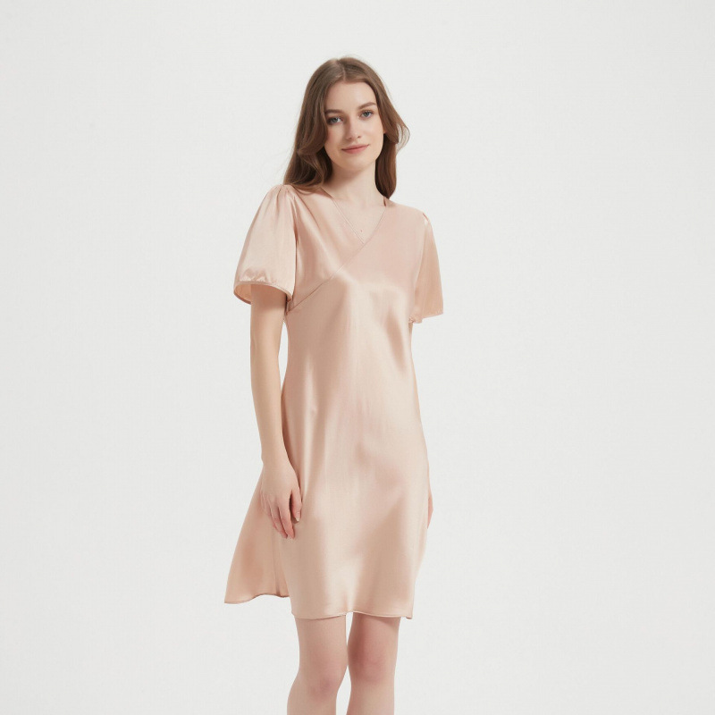Silk Nightgown for Women, Summer Short-Sleeved Pajamas, Thin Mulberry Silk, Pure Color, Loose Princess Dress, Home Wear 2311B