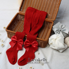 ins兒童西班牙洋氣手工大蝴蝶結連褲襪春秋新款坑條寶寶打底褲襪