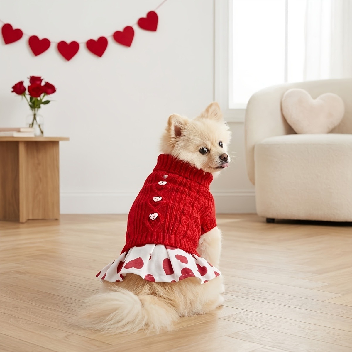 Robe pull tricotée pour chien, automne et hiver, vêtements pour animaux de compagnie, rouge, rose, motif d'amour, costume pour petit chien, Teddy Bichon