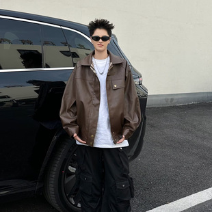 Spring New Style Lapel Pu Leather Jacket Men's Cycling Motorcycle Reversible Leather Jacket American Street Casual Loose Jacket