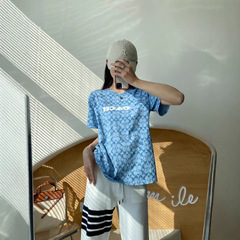 コージェア 半袖 夏用 シャムブレ 花柄文字入り ブルーTシャツ カジュアル 丸首 カップル 半袖シャツ トレンド 多用途