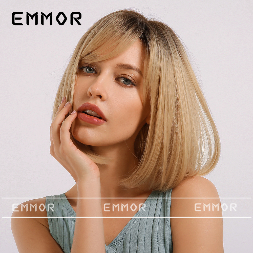 Peluca Emmor para Mujer con Flequillo, Estilo BOB, Exportación a Amazon, Peluca de Fibra Sintética Dorada Degradada, Cabello Corto