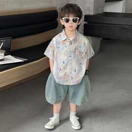 男童夏季套装2026新款韩版男宝夏日穿搭薄款花衬衫儿童单件短袖衫