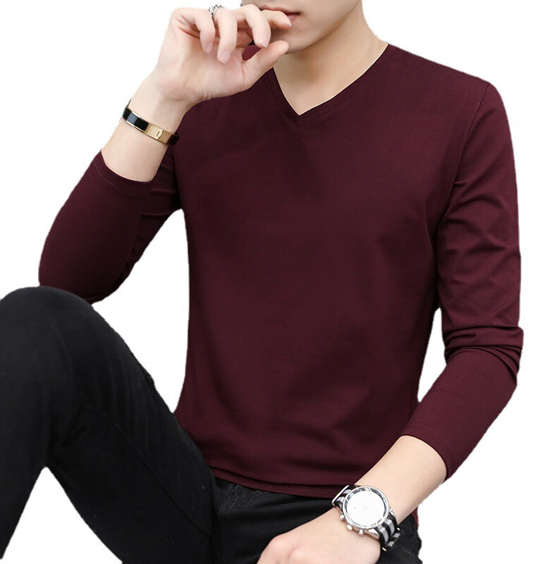 2021新型長袖tシャツ男性vネックシャツ秋冬白色秋衣の中に秋服の男性ファッションを着ます。|undefined