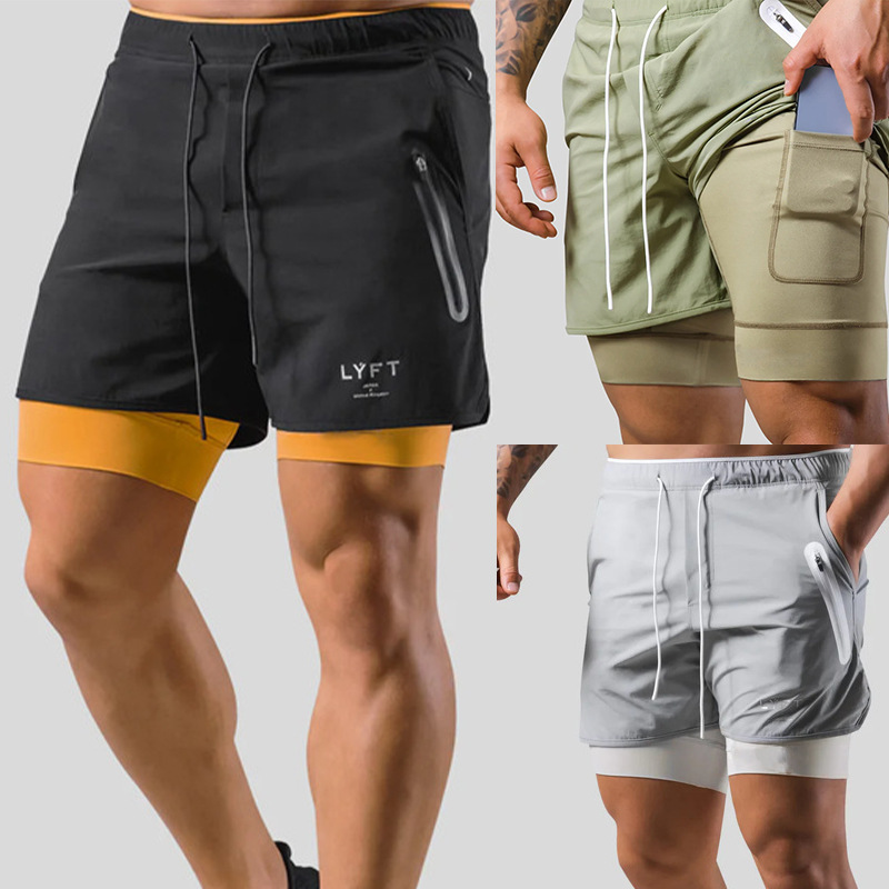 Summer LYFT New Men's Sports Casual Shorts Double Layer Basketball Running Shorts Sweat-wicking Cross Border Mobile Phone Shorts