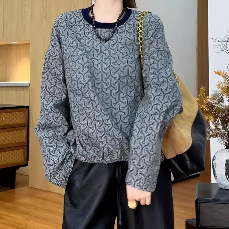 老钱风复古提花圆领长袖上衣2025年秋季女装撞色宽松显瘦别致小衫|undefined
