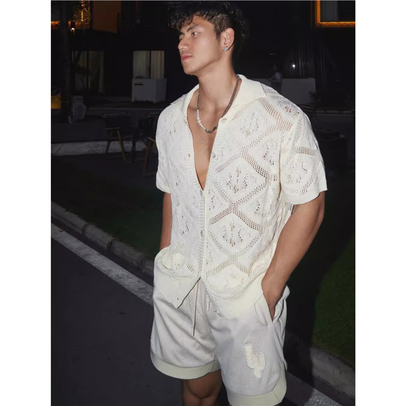 American Style Fashion Brand Casual Loose Short-sleeved Knitted Shirt Men's Summer Thin Hollow Simple Design Shirt Jacket