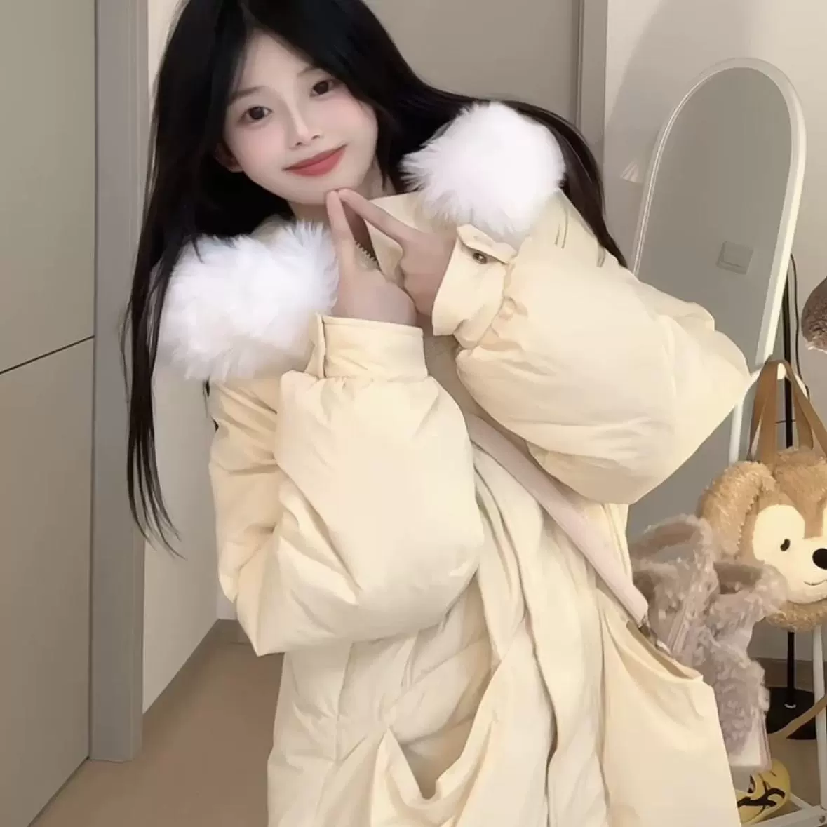 Long coat with hood with down, warm jacket, mid-length, oversize