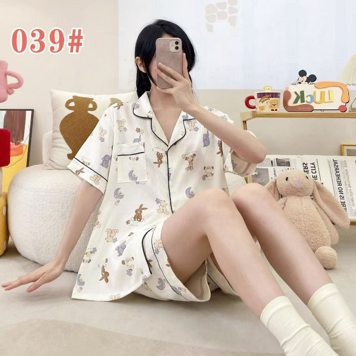 クラウドコットンパジャマ女性の夏の半袖ショーツカーディガンラペルルーズ外国貿易ライブブロードキャストルーズクロスボーダーホーム服|undefined