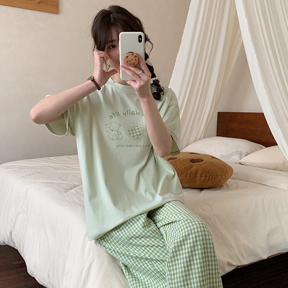 25 Spring and Summer Japanese and Korean Style Plaid Home Suit Round Neck Bear Printed Short Sleeve Pants Pajamas Pocket Outer Wearing suit