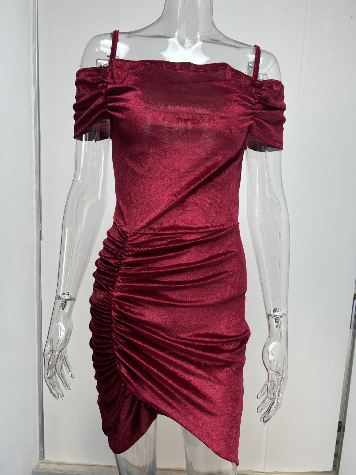 Spring Dress Sexy Slim Strap Fluff Drawstring Irregular Asymmetric Dress