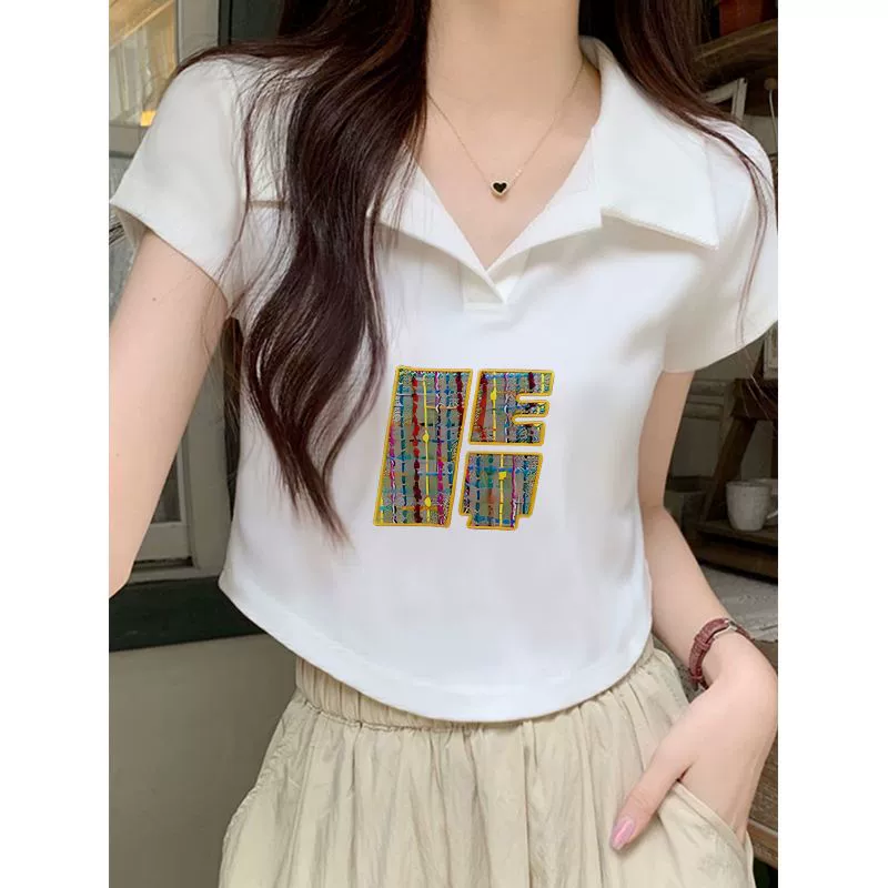 Летняя футболка с короткими рукавами и принтом для девочек, женская футболка в корейском стиле для похудения, универсальная рубашка-поло на правое плечо, топ из хлопка