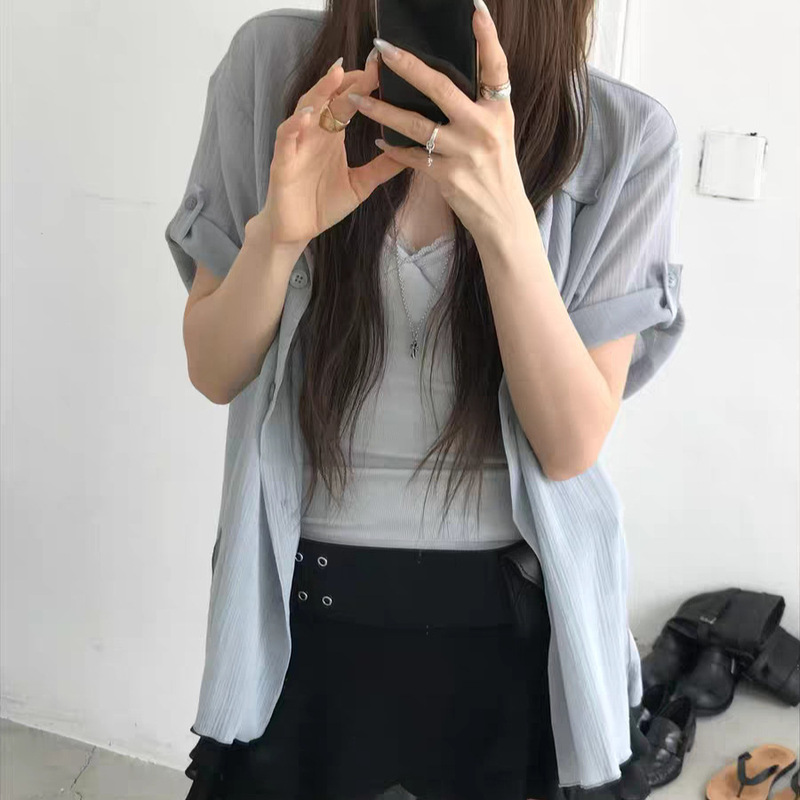 Fan Sun·Xh Korean-Style Loose Solid Color Turn-Down Collar Single-Breasted Top Dongdaemun Summer New Short-Sleeve Rolled Cuff Shirt Fan Sun·Xh Korean-Style Loose Solid Color Turn-Down Collar Single-Breasted Top Dongdaemun Summer New Short-Sleeve Rolled Cuff Shirt