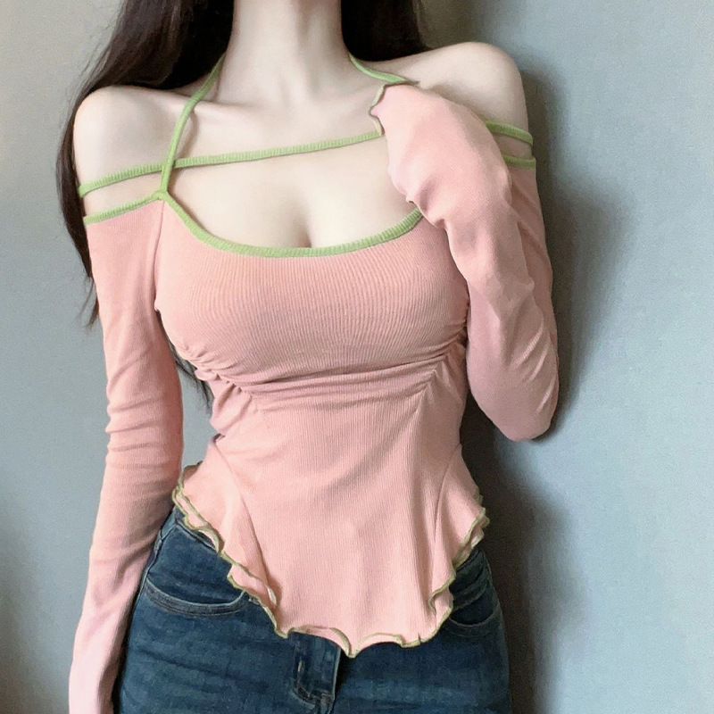 Cross-border TikTok Quality 2025 Pure Desire Atmosphere Sexy Neck Long-sleeved T-shirt Women's Slim-fit Tight Waist Ear Edge Cross-border TikTok Quality 2025 Pure Desire Atmosphere Sexy Neck Long-sleeved T-shirt Women's Slim-fit Tight Waist Ear Edge