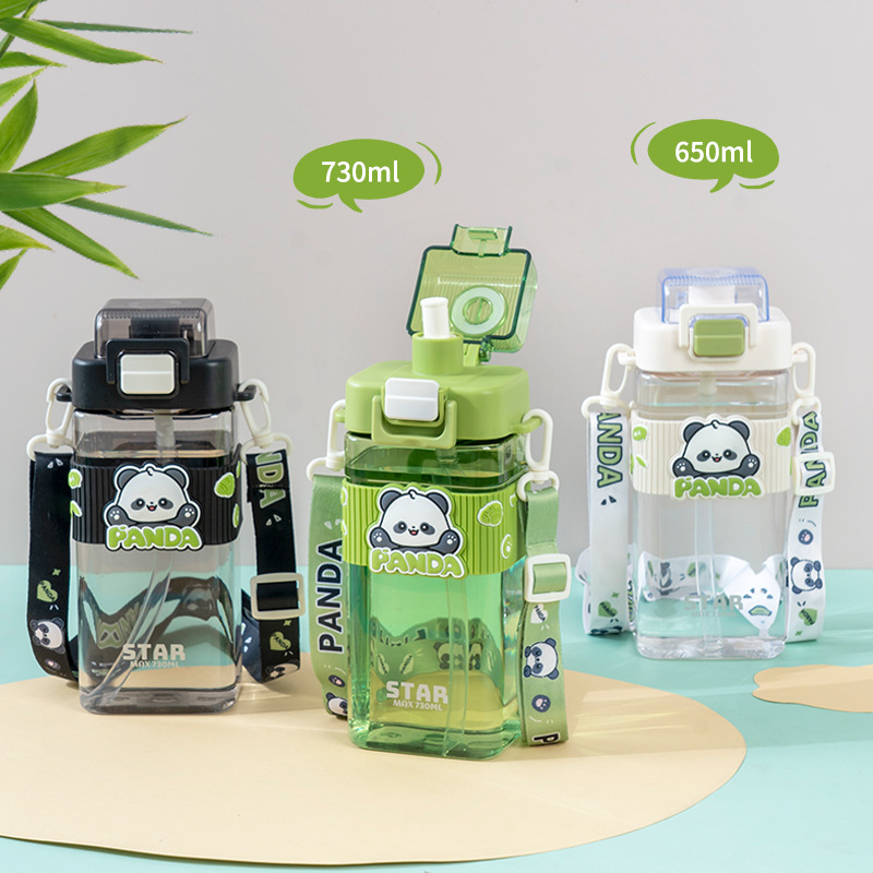 Yitongxin Panda simple taza de plástico de doble bebida taza cuadrada portátil de dibujos animados para niños botella de agua taza de paja de tapa de bloqueo
