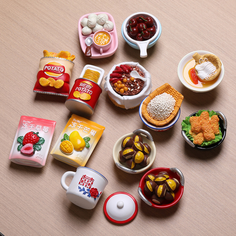 Simulated food refrigerator magnets, exquisite food toy magnetic stickers, 3D three-dimensional food-themed cultural and creative personalized magnetic decorations