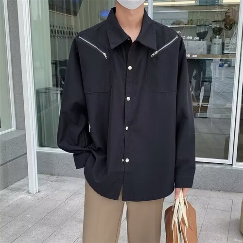 Designer Metal Zipper Decorated Long-Sleeve Shirt for Men, Trendy, Flowing, High-End, Casual and Cool Style