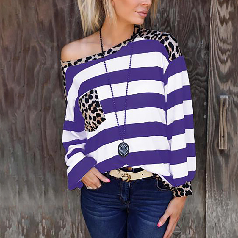 women s striped print stitching leopard-print loose top nihaostyles wholesale clothing NSZH81780