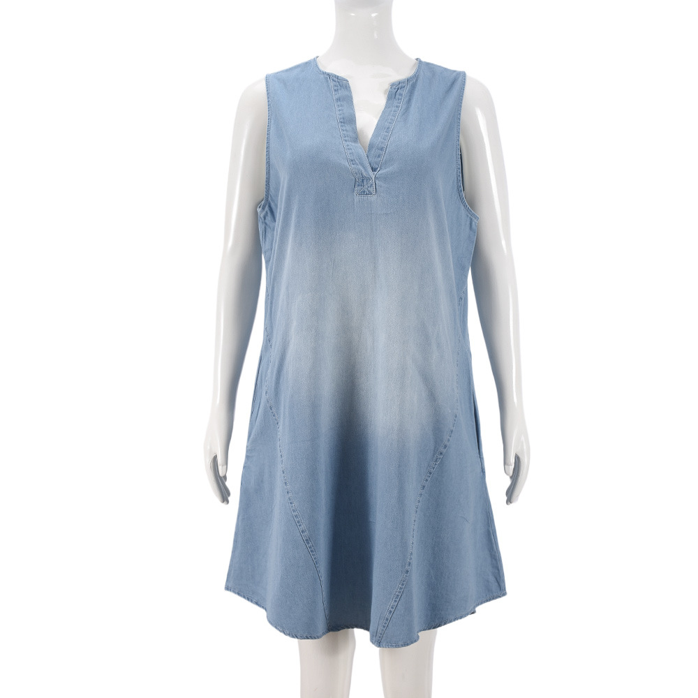 Denim Women opular Sleeveless Casual French V neck Loose Monkey Wash Dress Women