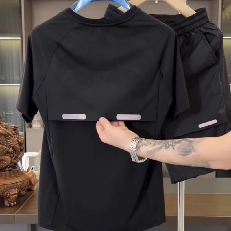 Camiseta de seda de hielo con costuras transpirables de verano, pantalones cortos, traje de ocio deportivo de secado rápido suelto de alta elasticidad para hombre de dos piezas