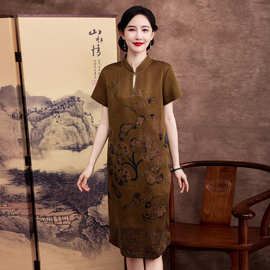 花萝香云纱真丝中年妈妈夏连衣裙高贵阔太太女式气质短袖桑蚕丝裙