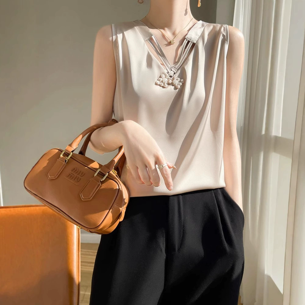 Новый китайский жилет с V-образным вырезом женский весенний и летний новый шелковый атлас