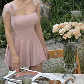 甜美粉纱小礼服裙式显瘦遮肚小胸保守少女连体泳衣夏季温泉ins风