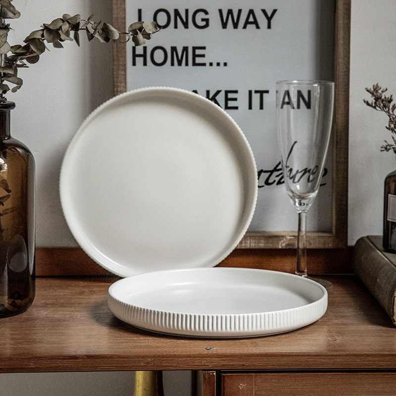 Decca platos en relieve blanco de 8 pulgadas platos de postre de cerámica ins simple platos de comida occidental platos personales exportación transfronteriza