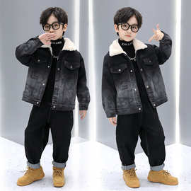 男童冬装加绒牛仔外套中小童2024新款加厚帅气夹克衬衫保暖上衣潮