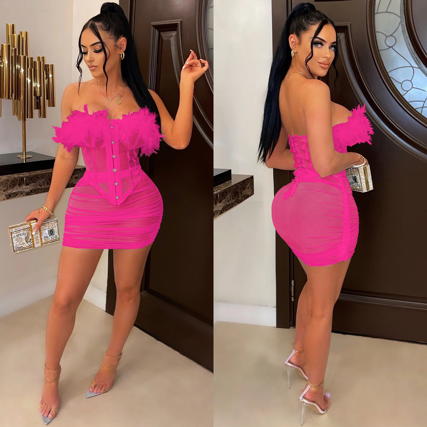 X5903 AliExpress Amazon europeo y americano color sólido malla transparente pluma encaje chaleco plisado Falda midi conjunto de dos piezas