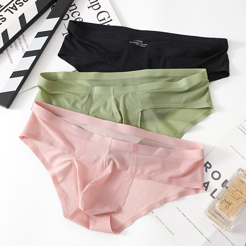 Mesh Men's Underwear Ice Silk Briefs Summer Cool Breathable Comfortable Seamless Sexy U-Convex Shorts Underpants Head