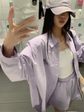 休闲套装字母印花polo领长袖衬衫外套女夏季紫色阔腿裤短裤两件套