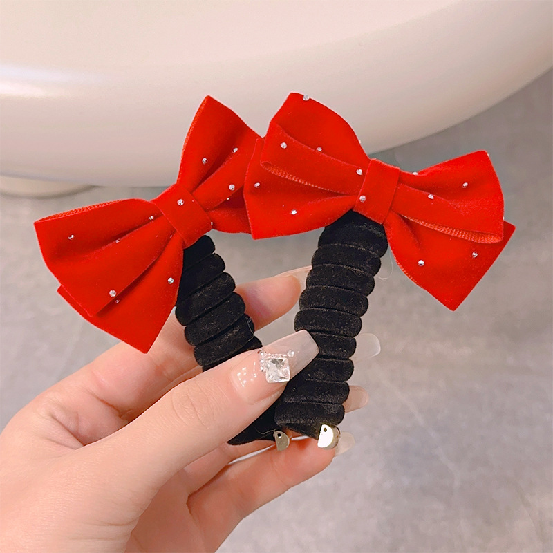 Felpa Año Nuevo accesorios para el cabello para niños línea telefónica rica banda para el cabello cuerda para el cabello Velvet Cherry Bow banda de goma banda para el cabello
