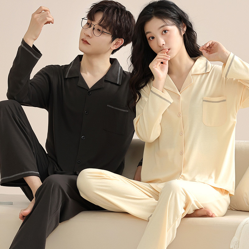 Primavera y otoño pareja pijamas mujeres otoño algodón hombres ropa para el hogar pantalones de manga larga traje cardigan frente hebilla solapa casual hogar