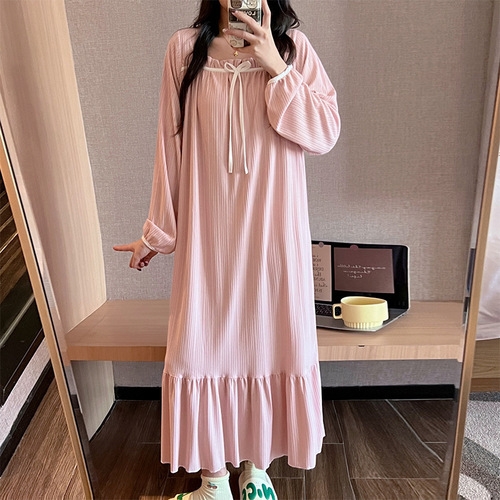 Nightdress, women's spring and autumn pajamas, long-sleeved square collar, sweet students 'ins, long over-the-knee home clothes, can be worn outside