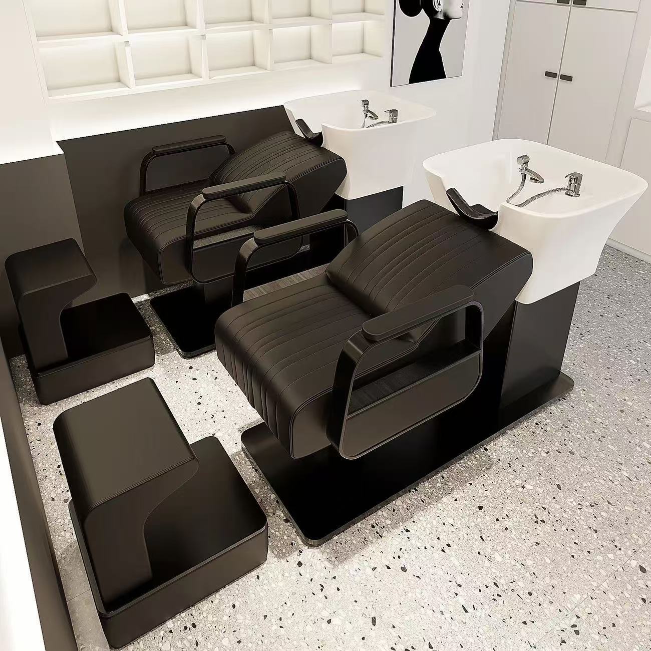 Cama de barril cuadrado negro y lavabo blanco