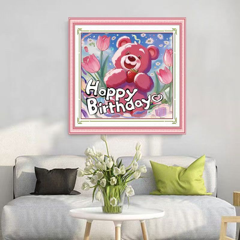 Mona Lisa real bordado de fresa oso feliz cumpleaños lindo dibujo animado bordado a mano 14 colores bordados sin gancho borde image 3