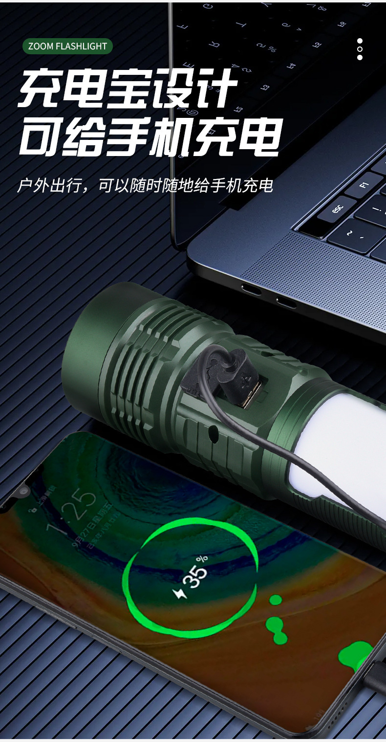 Cross-border multifunctional white laser portable high-intensity digital display zoomable rechargeable three-light source camping lantern flashlight