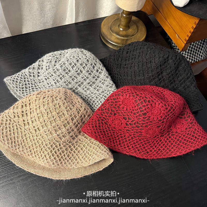 日系复古镂空花朵手工钩针编织堆堆帽子女秋冬编织民族风渔夫帽|undefined