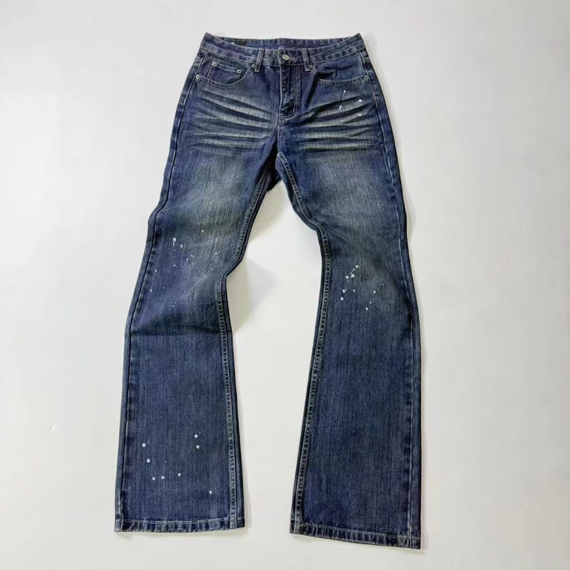 Foreign Trade Cleanfit Independent Vintage Style Jeans Washed Splash-Ink Slightly Flared Slim Straight Denim Long