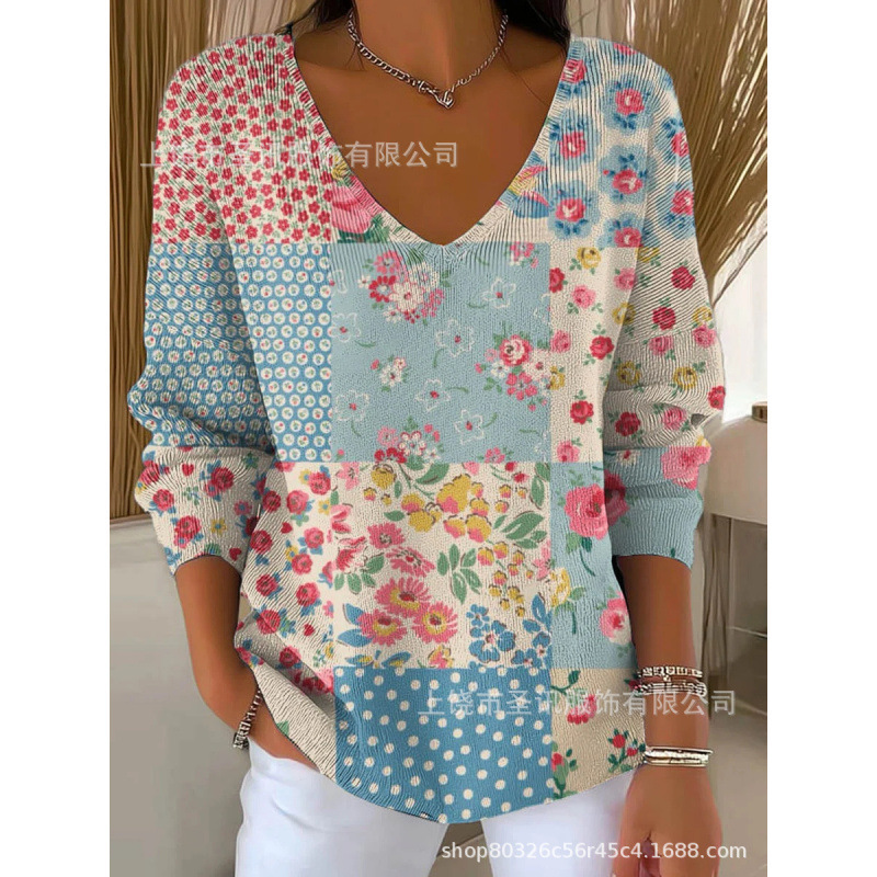 欧美跨境独立站新款3D印花女士时尚渐变色V领长袖T恤上衣|undefined