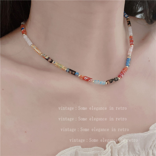 Colorful natural stone gold beads hand-beaded necklace national trend stacked clavicle chain high-end forest neck chain Europe and America