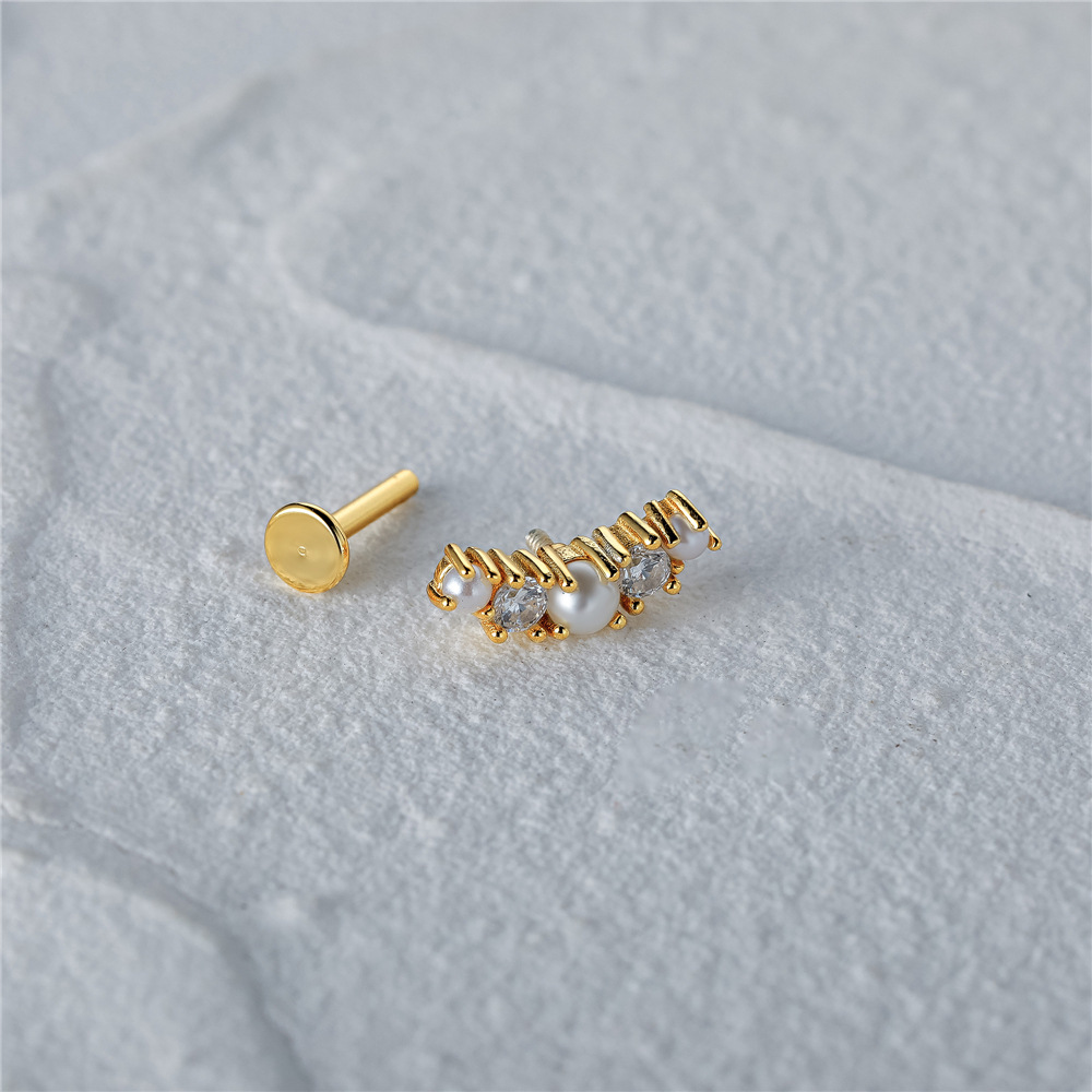 Nueva moda s925 plata esterlina estilo ins arco de una sola fila diamante incrustado perla 16G cabeza plana piercing hilo oído hueso clavo