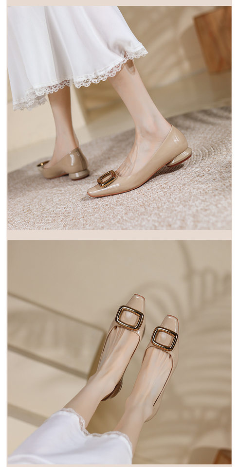 Giày cao gót nữ mũi vuông khóa vuông, da sáng chế, gót thô 6–8 cm — màu kaki, màu đỏ tía, đen chi tiết 7