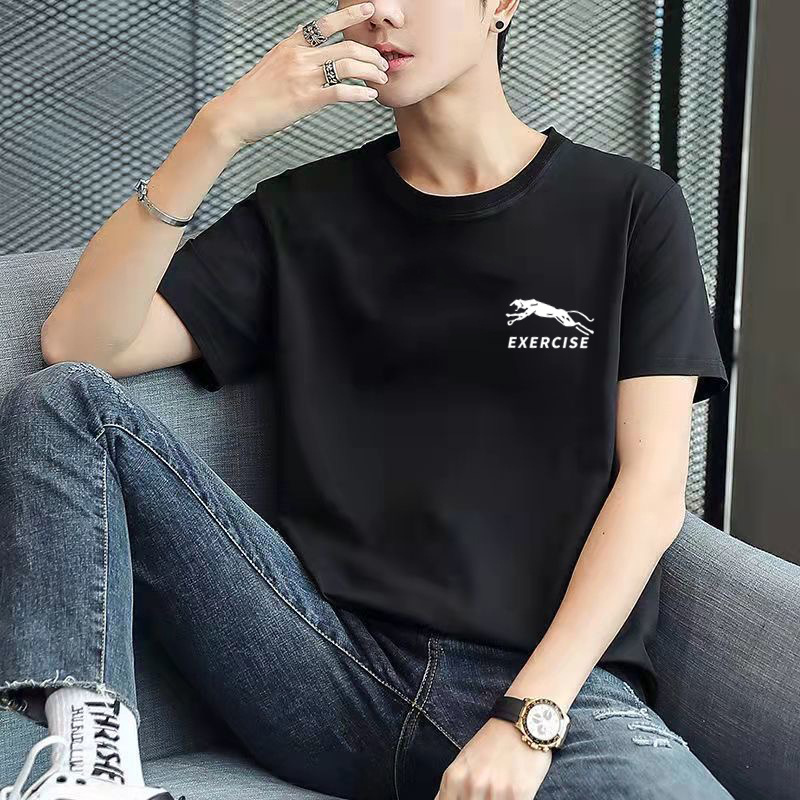 Camiseta de manga corta otoño de los Hombres Nuevo estilo coreano SLIM-Fit de moda impreso Delgado cuello redondo ins puesto de suministro