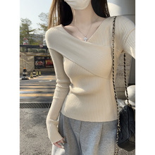 好物2025早秋韩版温柔纯欲不规则交叉设计安迪绒针织衫长袖毛衣女