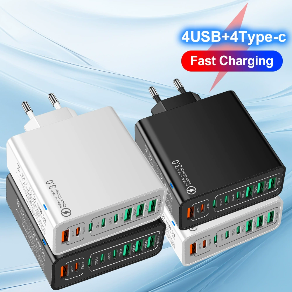 Зарядное устройство для мобильного телефона с 8 портами (4 USB + 4 Type-C), многопортовый быстрой зарядки QC3.0